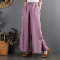 Chinese Style Bottom For Women Cotton Linen Pants Woman Orient High Waist Loose Wide Leg Trousers Split Breathable Pants KK4137