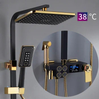 Digital Shower Set Luxury Black Gold Thermostatic Shower System Rainfall Spa Shower Head Brass Bathtub Faucet Digital Shower Set