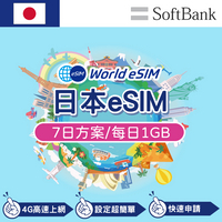 日本 eSIM 上網卡 7天 每日1GB 降速吃到飽 4G高速上網 Softbank 手機上網 日本漫游旅游卡 日商公司品質保證