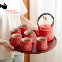 High-grade Chinese Red Ceramic Tea Set Handmade Teapot Kettle Teacups Bamboo Tray Household Wedding Teaware Holiday Gifts