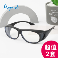 【MEGASOL】UV400外掛式側開窗濾藍光防飛沫護目鏡眼鏡(濾藍光護目套鏡B3009超值兩件組)