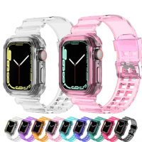 Clear Band + Case for Apple Watch 9 8 7 6 5 SE 4 38MM 42MM Transparent silicone Strap for iwatch 40mm 44mm 41MM 45MM Ultra 49MM