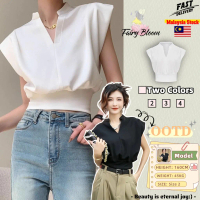 【Malaysia Stock】Casual Sleeveless Baggy Crop Top Blouse For Women Plain Pleated V-Neck Shirt Tops Sl