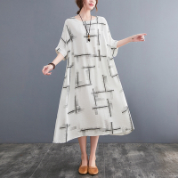 米蘭精品 連身裙棉麻洋裝-寬鬆印花夏季中長版女裙子2色74cs51