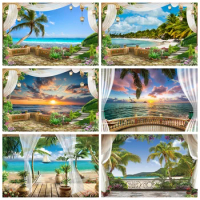 Summer Sea Landscape Backdrop Palace Balcony Curtain Tropical Beach Seaside Ocean Wedding Birthday Party Photography Background