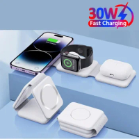 30W Magnetic Wireless Charger Pad Macsafe Foldable for iPhone 15 14 13 12 Pro Max Apple Watch 8 7 6 AirPods Fast Charging Dock