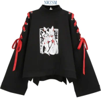 Summer women's clothing anime Fox printed cross ribbon women Lolita Girls Harajuku spring black top skirt hoodies