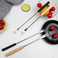 6pcs/set Plastic/Wooden Handle Stainless Steel Fruit Fork Long Handle Three-pronged Chocolate Fondue Fork Not Easily Deformed