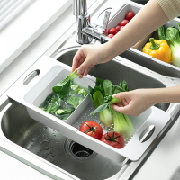 瀝水籃 瀝水保鮮盒 可伸縮洗菜盆淘菜菜瀝水籃塑料水果盤家用廚房水槽洗碗收納筐『my1360』