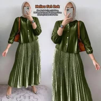 Qamira Set Long Tunik - One Set Wanita Kekinian Crinkle Airflow Setelan Wanita Rok Panjang LD 110 cm