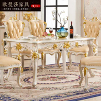 Dining room furniture European marble long table full solid wood lily carved household dining room rectangular dining table chai