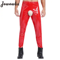 Mens Glossy Patent Leather Crotchless Pants High Waist Open Crotch Butt Leggings Sexy Trousers Disco Party Pole Dance Clubwear