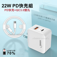 【HANG】22W PD+QC3.0雙孔旅充頭+USB-C to Lightning PD數據快充線1M