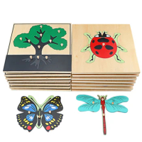 Montessori Science Toys Culture Instructions Animals Plants Insects Wood Mosaic Kindergarten Intelligence Toys for Children Gift