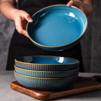 4-piece blue porcelain pasta bowl set - 35 ounces, 21.59cm deep dinner plates, microwave safe, suita
