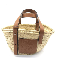 LOEWE Basket系列品牌LOGO烙印小牛皮提把竹編提籃手提/肩背包(小-焦糖棕)