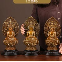 A SET 3P High grade gilding Buddha SAN BAO FO Sakyamuni Amitayus Medicine Buddha statue HOME shrine shop bless safe protection