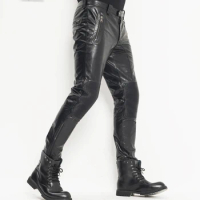 Men's Leather Pants Moto&amp;Biker Punk Rock Pants Slim Sheepskin Leather Trousers WZS004