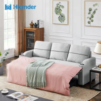 81.9"In Pull Out Sofa Bed Modern Padded Upholstered Linen Fabric 3 Seater Couch with Storage Chaise and Cup Holder Couch
