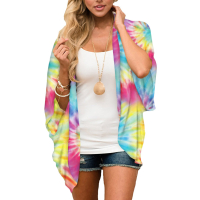 Boho Tie Dye ชุดว่ายน้ำ COVER up เสื้อชีฟอง sarong Cardigan Tops 2023ผู้หญิง COVER-UPS Beach พัฟแขน