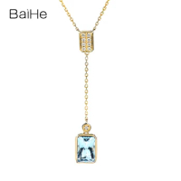BAIHE Solid 18K Yellow Gold Natural Aquamarine Tassel Necklace Collarbone chain Women Trendy Fine Jewelry 아쿠아마린 네크리스 ожерелье
