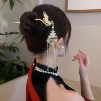 2024 Women Vintage Elegant Chinese Style Phoenix Palace Tassel Hairpin Hanfu Costume Accessory Hairpin Ornament
