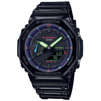 【CASIO 卡西歐】G-SHOCK 八角錶殼耐衝擊運動雙顯腕錶/黑(GA-2100RGB-1A)