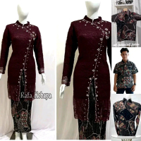 Couple Kebaya Brokat Janggan Burgundy Baju Batik couple Pasangan
