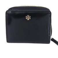 【TORY BURCH】TB 金字LOGO亮面釦式對開短夾(黑色/贈原廠紙袋母親節送禮)