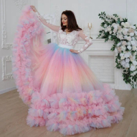 Luxury Puffy Mesh Prom Ball Gowns Pretty Rainbow Color Tulle Ruffles Formal Party Dress Extra Fluffy Long Photography Dresses