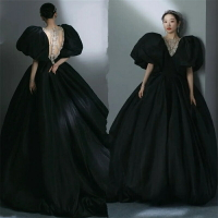 影樓主題婚紗黑色拖尾泡泡袖緞面復古禮服旅拍法式個性新款寫真服