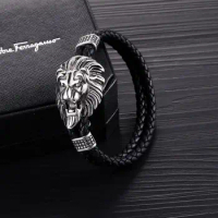 Classic Fashion Domineering Lion Head Leather Bracelet for Men's Trend Punk Wrist Accessories Bangle Jewelry Gift