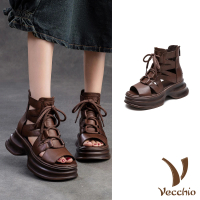 【Vecchio】真皮涼鞋 厚底涼鞋/真皮頭層牛皮幾何縷空綁帶厚底羅馬涼鞋(咖)