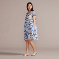 【YVONNE 以旺傢飾】棉麻暈染印花短袖洋裝-海島藍