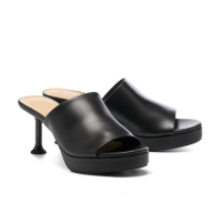 【HELENE_SPARK】極簡時髦軟寬帶全真皮90S厚水台高跟拖鞋(黑)