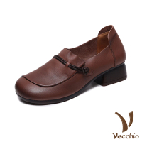 預購 Vecchio 真皮跟鞋 粗跟跟鞋/全真皮頭層牛皮復古繩飾百搭經典軟底粗跟鞋(棕)