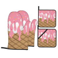 Pink Melting Ice Cream Oven Mitts and Pot Holders Sets of 4 Heat Resistant Non-Slip Kitchen BBQ Gloves for Cooking Baking