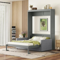 Queen Size Murphy Bed Wall Bed with Cushion,Unique design and convenient storage space,Grey/White.