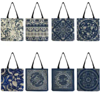 Elegant Lady Girls Handbag Floral Porcelain Geometry Abstract Pattern Shoulder Bag Ladies Casual Teenager Book Tote for Shopping