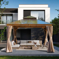 12'x12' Hardtop Gazebo, Permanent Outdoor Gazebo with Polycarbonate Double Roof, Aluminum Gazebo Pavilion with Curtain