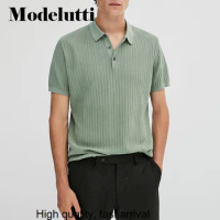 New Spring 2023 Summer Fashion Knitted Fine Grain Knitted Polo T-Shirt Men Solid Color Slim Simple Elegant Tops Male