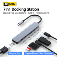 7 IN 1USB C Hub to 4K 60Hz HDMI 100W PD Port SD TF 2.0 USB-C Hub for MacBook Pro/Air iPad Pro Dell XPS and More Type C Devices