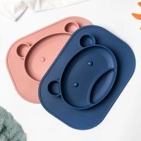 Baby integrated plate, cartoon cute bear silicone divided plate, anti-drop eating training bowl for
