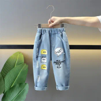 Children's Jeans Trousers Spring and Autumn Pants Boys' Stretch Pant New Loose Print Small Feet Long Pants for Kids Boys 2-6yrs