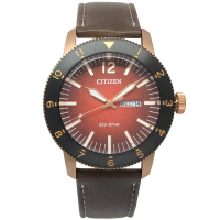 【CITIZEN 星辰】簡約風格光動能皮革錶帶手錶-咖啡色面X咖啡色/43mm(AW0079-13X)
