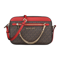 【Michael Kors】MK MICHAEL KORS JET SET金字浮雕LOGO印花PVC飾鏈帶設計拉鍊斜背包(大/深棕x火焰紅)