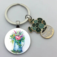 New Fashion Flower Pot Picture Glass Keychain Enamel Plant Keyring Ladies Men's Handbag Pendant DIY Keychain Gift