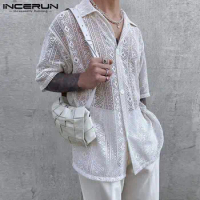 2023 Fashion Men Shirt Mesh Lace Transparent Streetwear Lapel Short Sleeve Button Camisas Party Sexy Men Clothing S-5XL INCERUN
