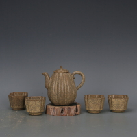 宋 哥窯金絲鐵線黃釉瓜棱壺杯子套組 仿古舊貨瓷器仿古裝飾擺件