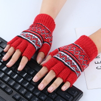秋冬季新款女士針織保暖毛線手套條紋學生寫字電腦打字半指手套